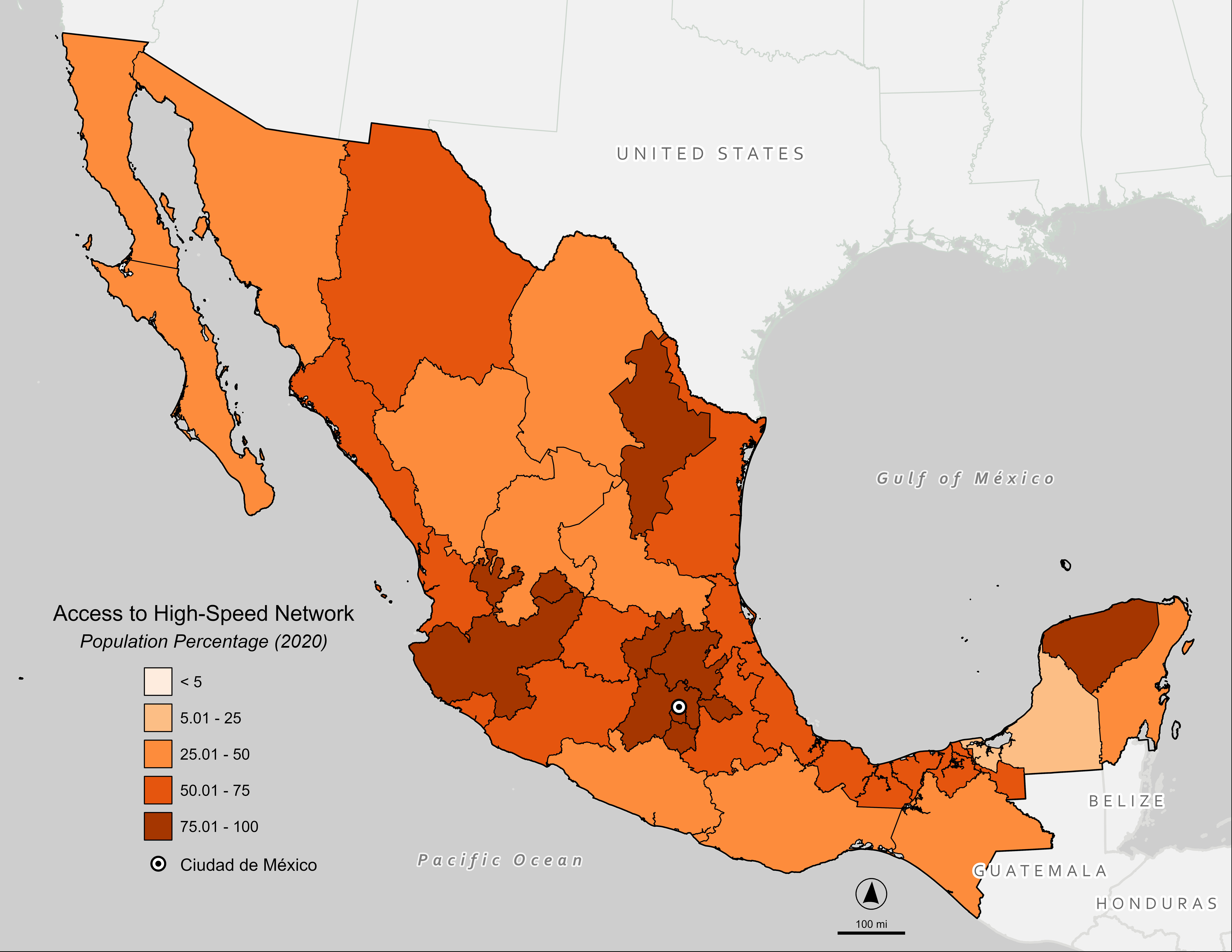 A map of Mexico using a color grading to track high speed internet access. 
