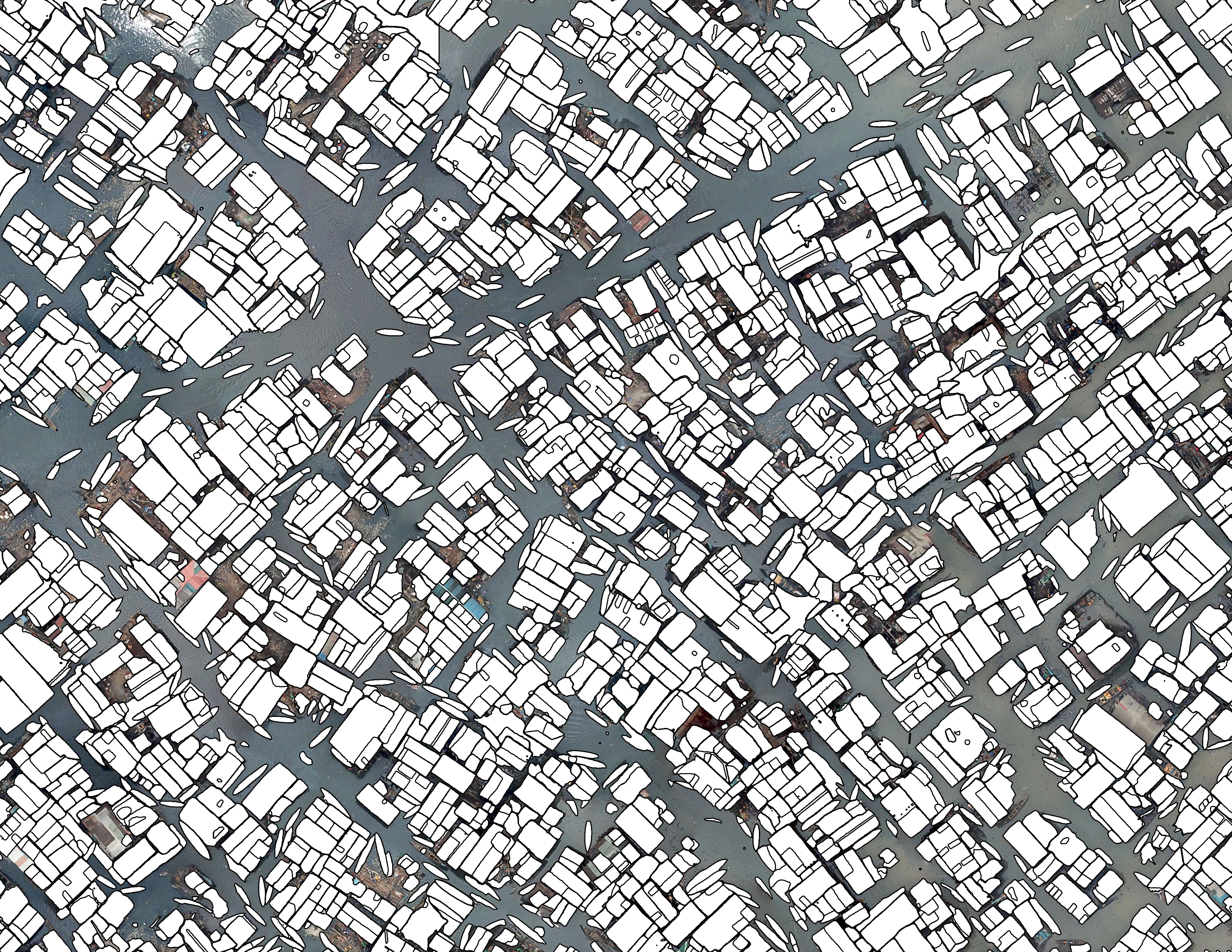 A GIS visualization using a deep-learning AI model to identify residential units and boats in Makoko, Nigeria.