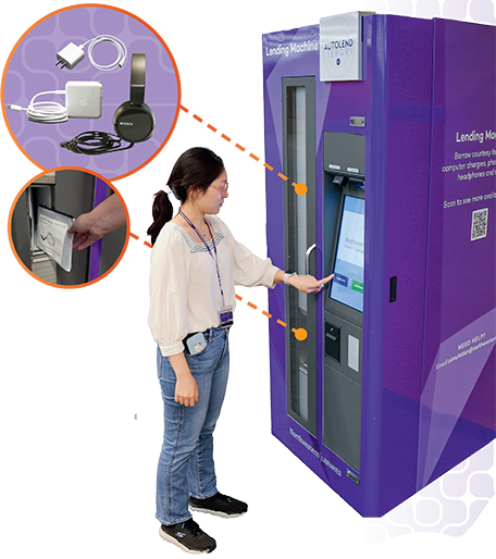 A young woman presses a touch screen on a large machine resembling a vending machine.