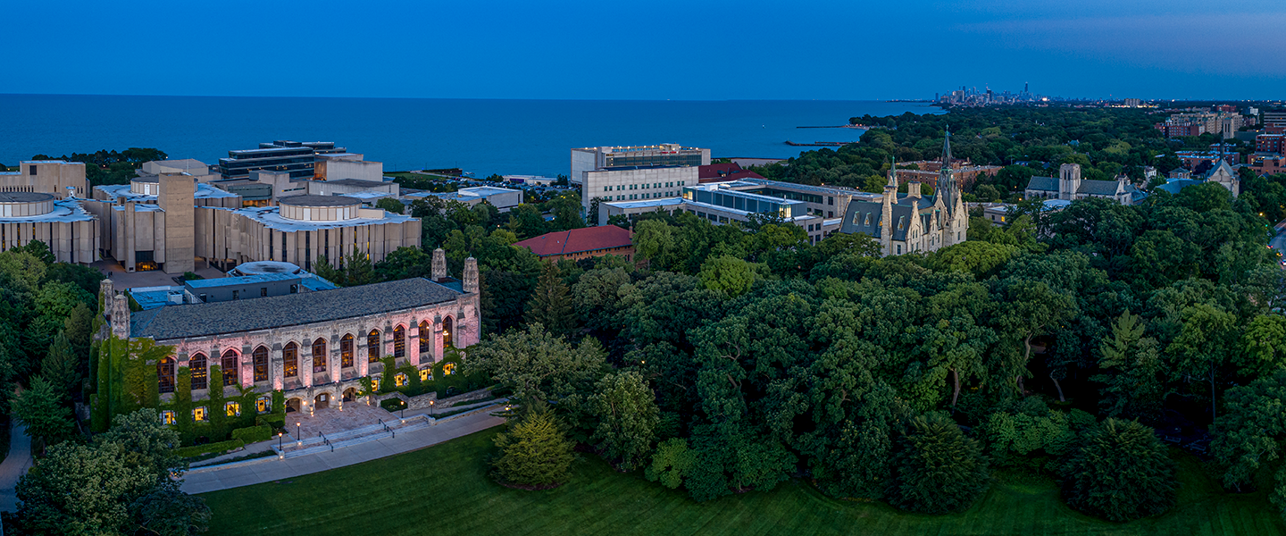 Ariel photo of the Charles Deering Memorial Library in the evening.
