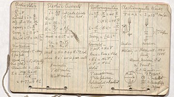 A spiral notebook with columns of notes on physics.