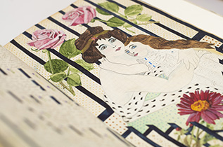 Photograph of an art nouveau illustration of a woman holding a child, surrounded by flowers