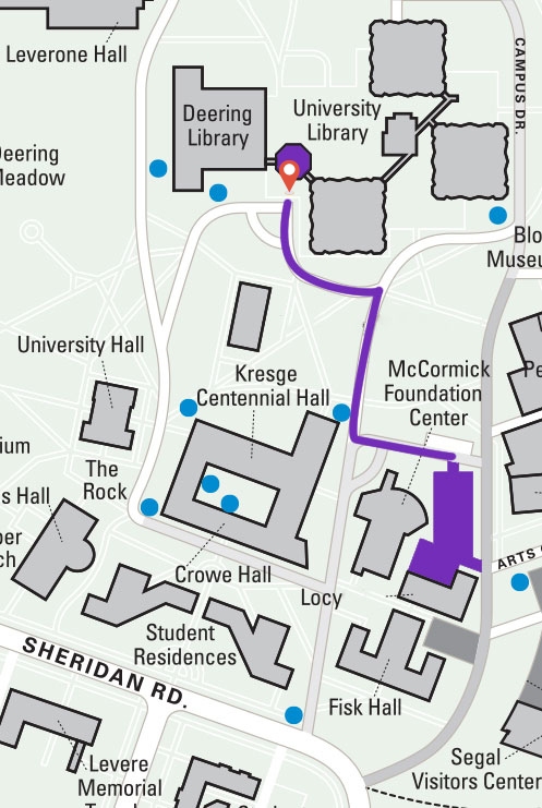 A map showing the footpath from Locy Lot to University Library