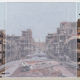 A layered painting. Silk with handwriting overlays a painting of a ruined city block. 